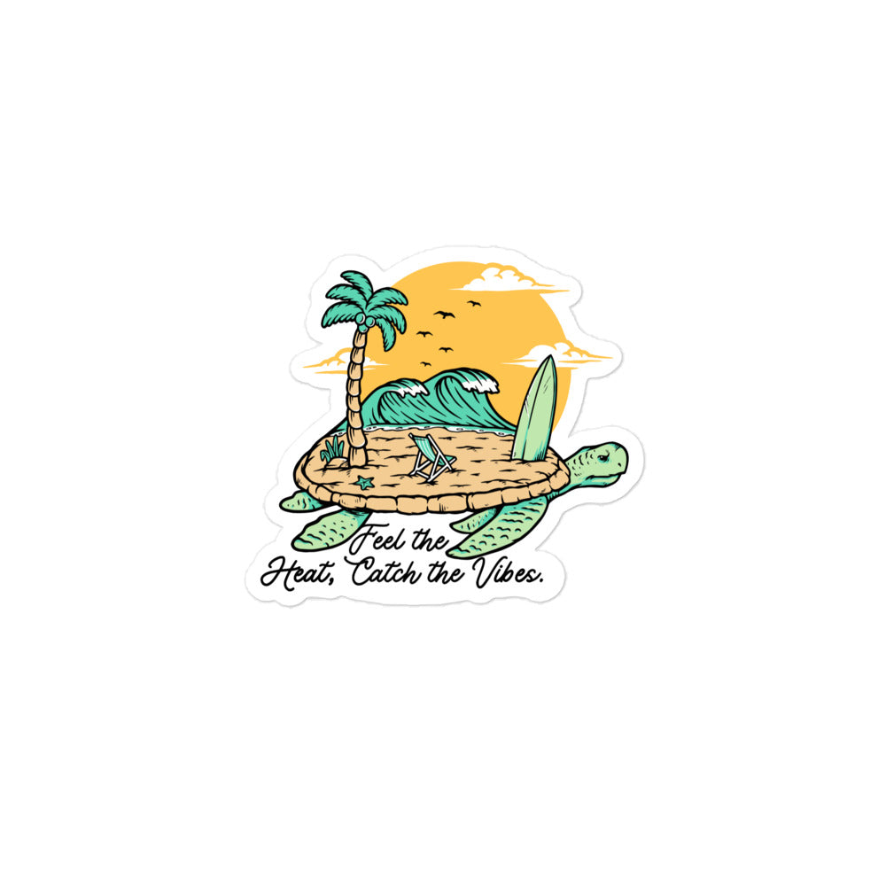 Feel the Heat, Catch the Vibes turtle with waves, surfboards and palm tree