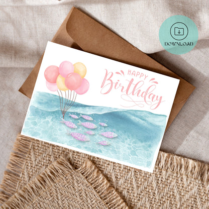 Fish & Balloons Printable Birthday Card