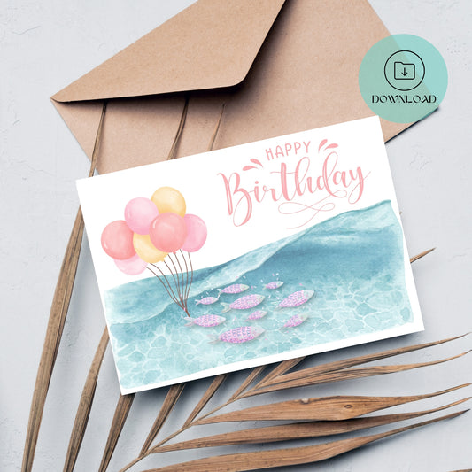 Fish & Balloons Printable Birthday Card