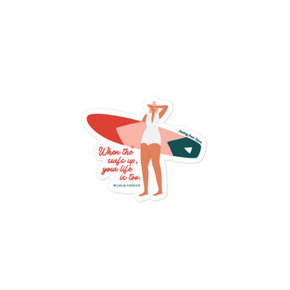 Surfer Girl Surf is Up blond woman holding her surfboard