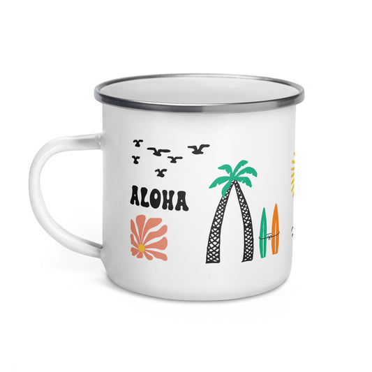 Groovy design, surfboards, palm trees, seagulls