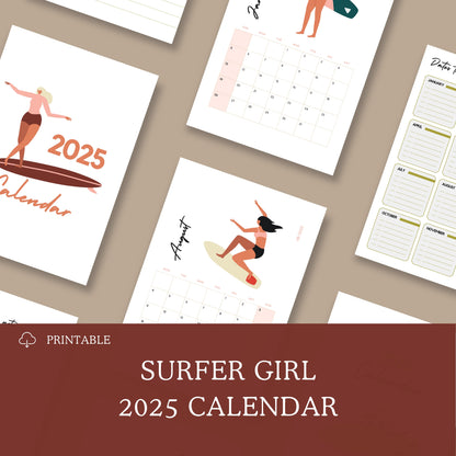 Surfer Girl 2025 Printable Calendar