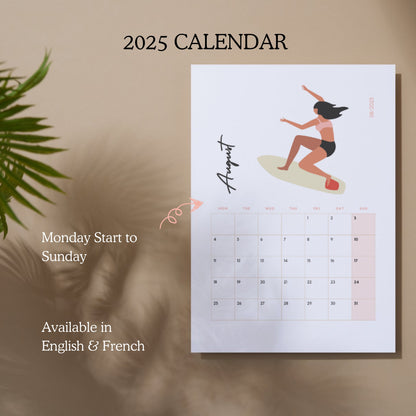 Surfer Girl 2025 Printable Calendar