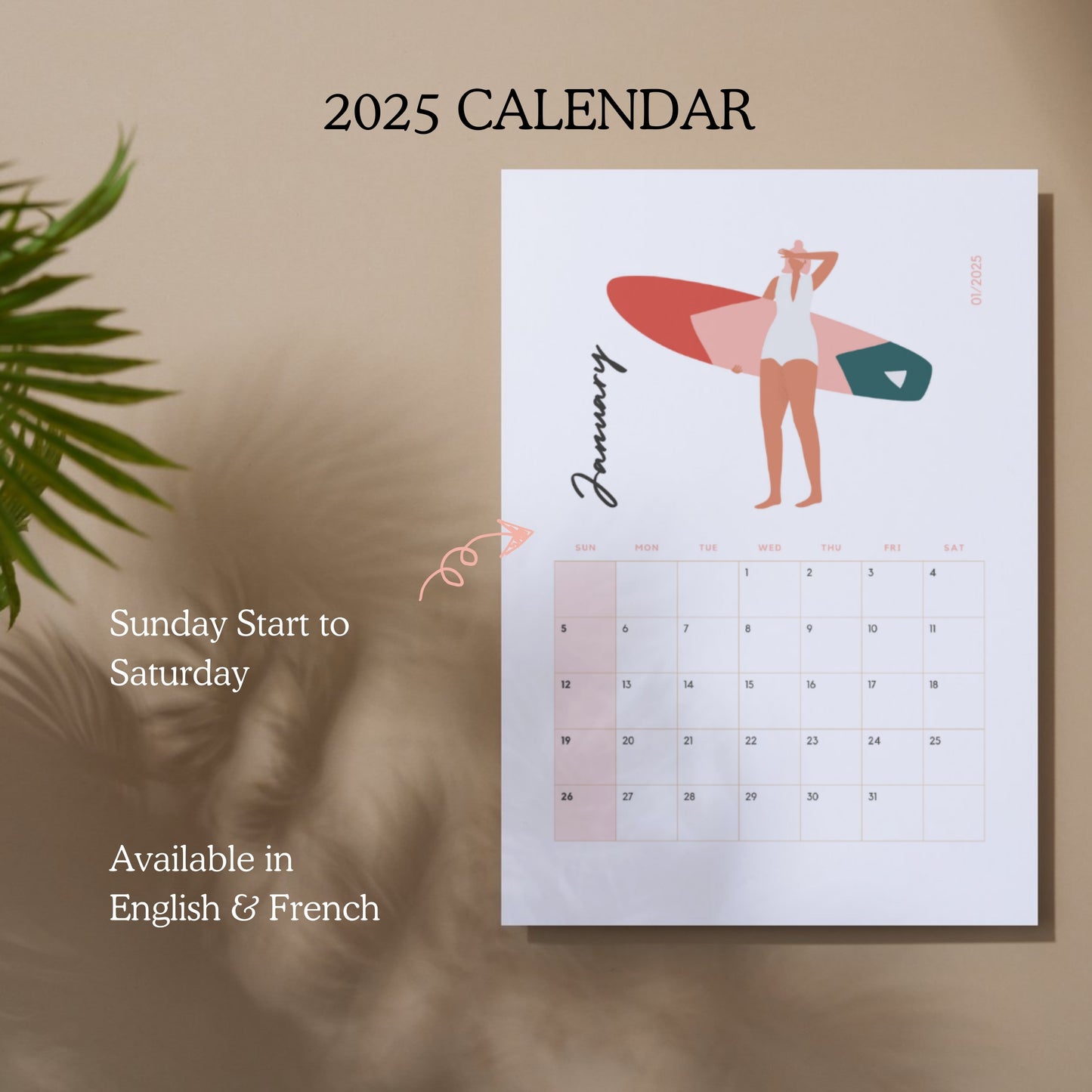 Surfer Girl 2025 Printable Calendar