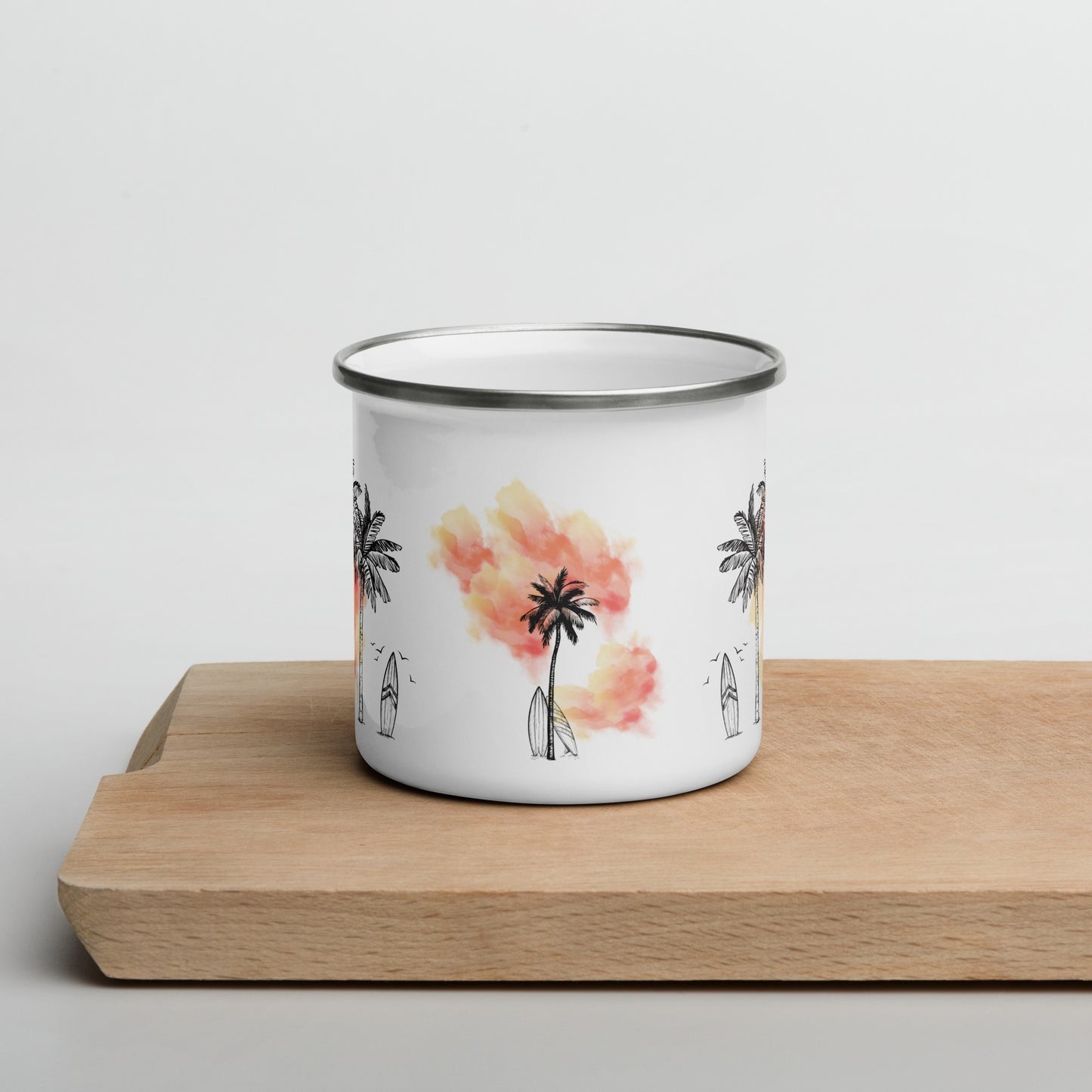 Palm Trees & Surfboard Orange Enamel Mug