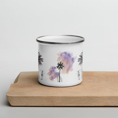 Palm Trees & Surfboard Purple Enamel Mug