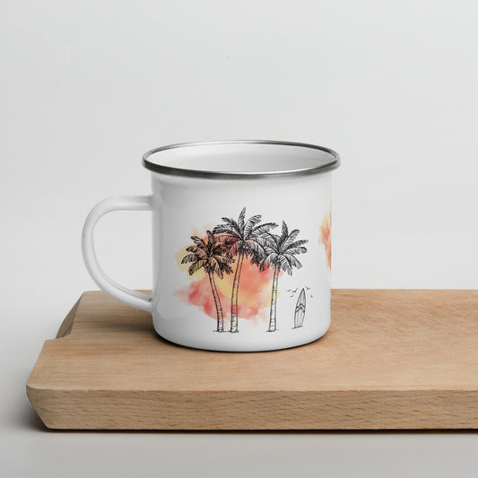 Palm Trees & Surfboard Orange Enamel Mug