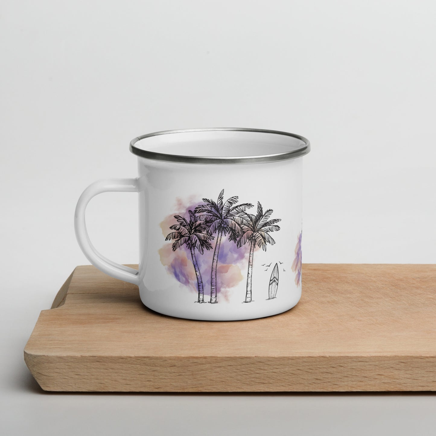 Palm Trees & Surfboard Purple Enamel Mug