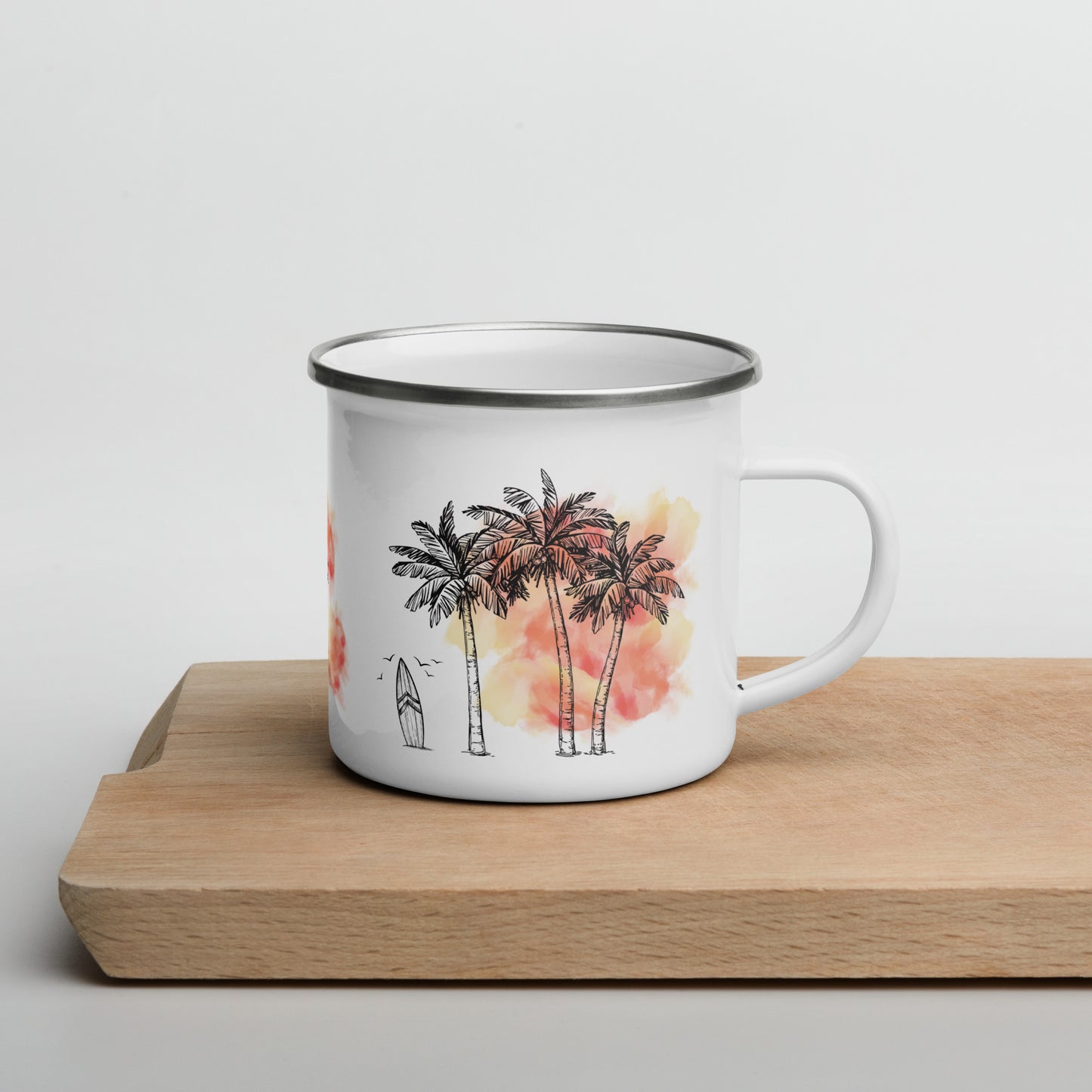 Palm Trees & Surfboard Orange Enamel Mug