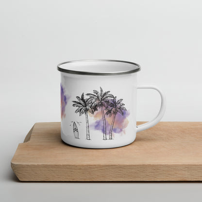 Palm Trees & Surfboard Purple Enamel Mug