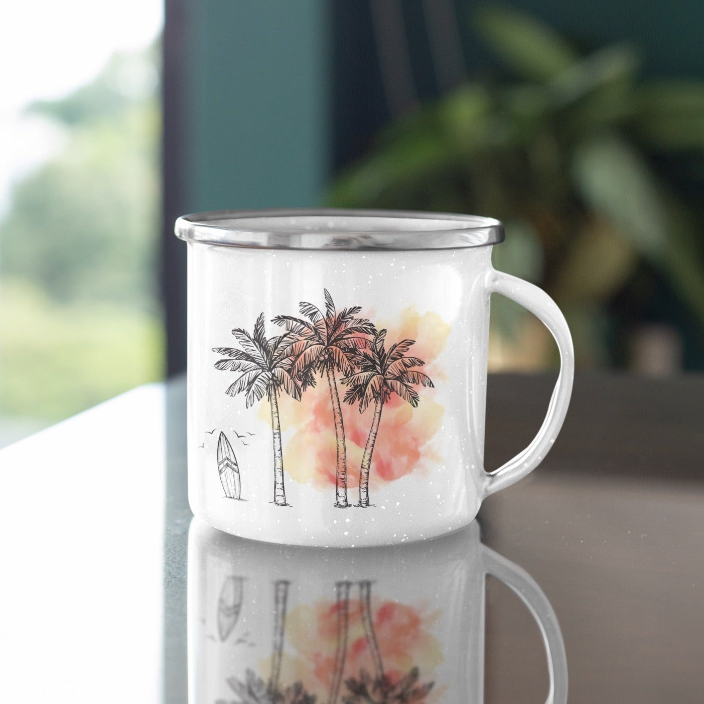 Palm Trees & Surfboard Orange Enamel Mug