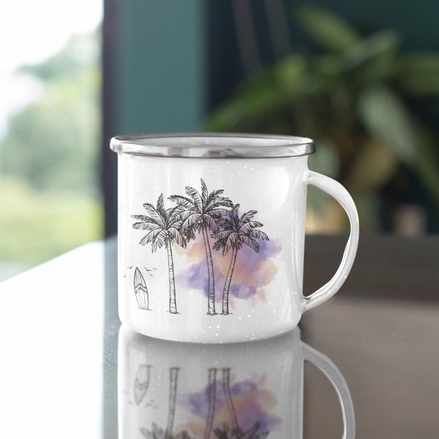 Palm Trees & Surfboard Purple Enamel Mug