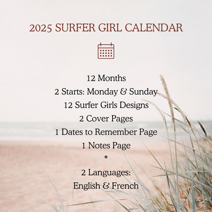 Surfer Girl 2025 Printable Calendar