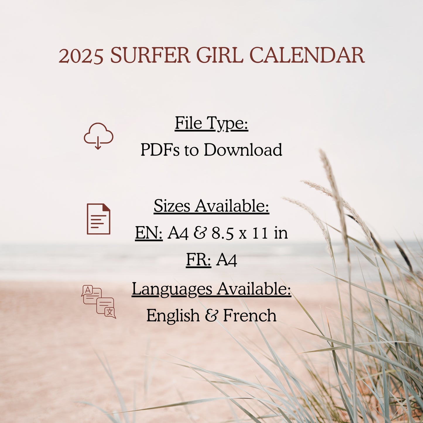 Surfer Girl 2025 Printable Calendar